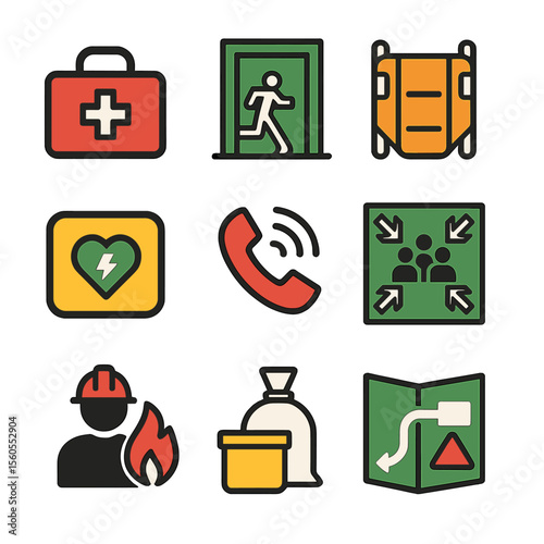Emergency Response Icons. Flat icon set of emergency response planning: first aid kit, emergency exit door, rescue stretcher,