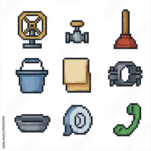 Emergency Plumbing Icons. Pixel art icon set of emergency shutoff and response: main shutoff valve, local shutoff knob, emergency