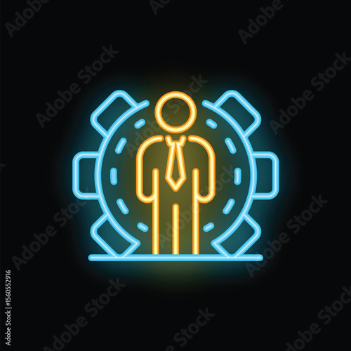 Neon sign representing a businessman standing inside a gear, symbolizing his involvement in business processes and workflow