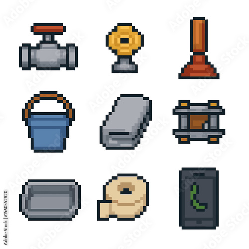 Emergency Plumbing Icons. Pixel art icon set of emergency shutoff and response: main shutoff valve, local shutoff knob, emergency
