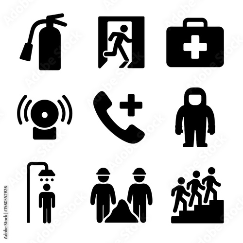 Emergency Response Icons. Solid, filled icon set of spill emergency response: fire extinguisher, emergency exit, first aid kit,