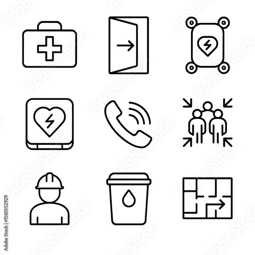 Emergency Response Icons. Outline icon set of emergency response planning: first aid kit, emergency exit door, rescue stretcher,