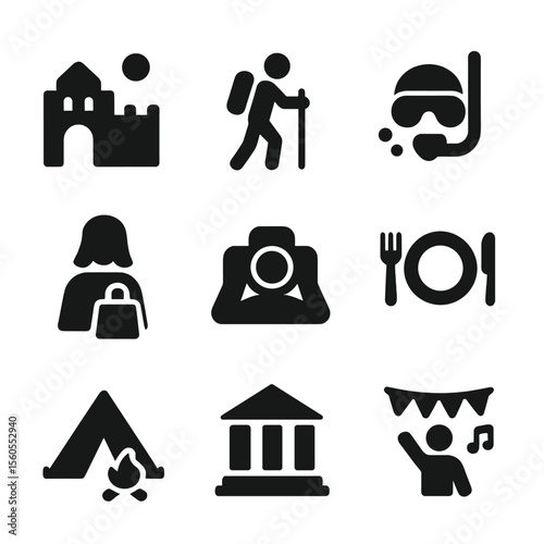 Tourist Activity Icons. Solid, filled icon set of tourist activities: sightseeing, hiking, snorkeling, shopping, photography,