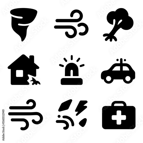 Tornado Icon Set. Solid, filled icon set of tornado and cyclone features: funnel cloud, spinning wind, uprooted tree, damaged