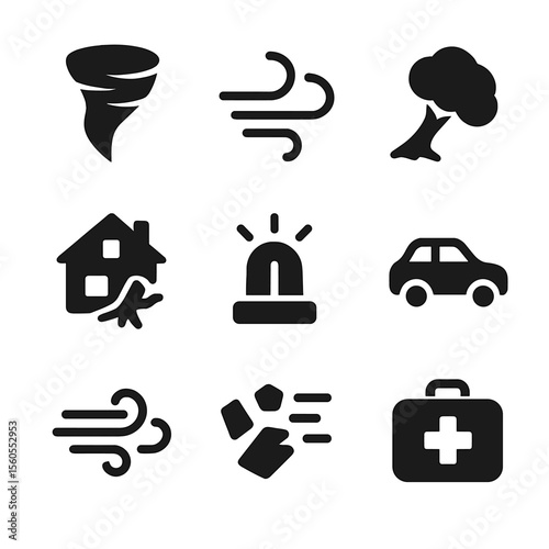 Tornado Icon Set. Solid, filled icon set of tornado and cyclone features: funnel cloud, spinning wind, uprooted tree, damaged