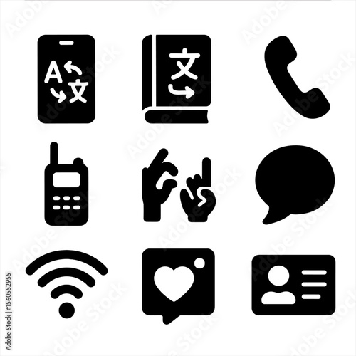 Tourist Communication Icons. Solid, filled icon set of tourist communication: language app, translation book, phone, walkie-talkie