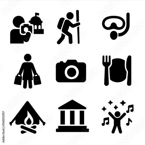 Tourist Activity Icons. Solid, filled icon set of tourist activities: sightseeing, hiking, snorkeling, shopping, photography,
