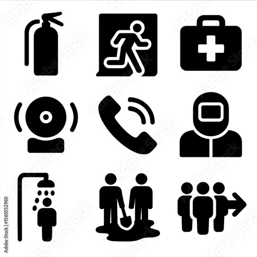 Emergency Response Icons. Solid, filled icon set of spill emergency response: fire extinguisher, emergency exit, first aid kit,