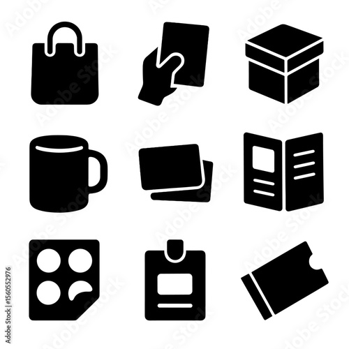 Trade Show Icon Set. Solid, filled icon set of trade show promotional tools: giveaway bag, flyer handout, sample box, branded mug,