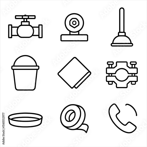 Emergency Shutoff Icons. Outline icon set of emergency shutoff and response: main shutoff valve, local shutoff knob, emergency