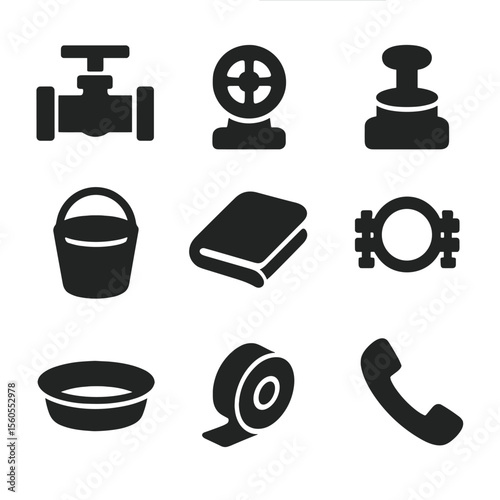 Emergency Tools Icon Set. Solid, Filled icon set of emergency shutoff and response: main shutoff valve, local shutoff knob,