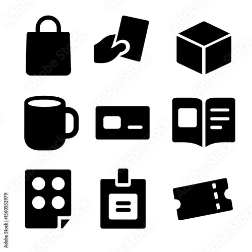 Trade Show Icon Set. Solid, filled icon set of trade show promotional tools: giveaway bag, flyer handout, sample box, branded mug,