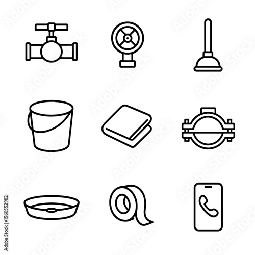 Emergency Shutoff Icons. Outline icon set of emergency shutoff and response: main shutoff valve, local shutoff knob, emergency