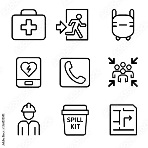 Emergency Response Icons. Outline icon set of emergency response planning: first aid kit, emergency exit door, rescue stretcher,