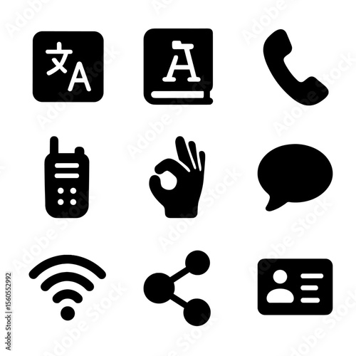 Tourist Communication Icons. Solid, filled icon set of tourist communication: language app, translation book, phone, walkie-talkie