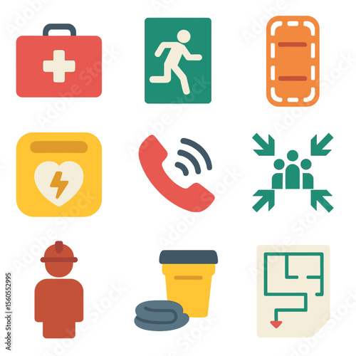 Emergency Response Icons. Flat icon set of emergency response planning: first aid kit, emergency exit door, rescue stretcher,