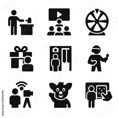 Trade Show Icons. Solid, filled icon set of trade show visitor attractions: product demo, live presentation, spin wheel, prize box