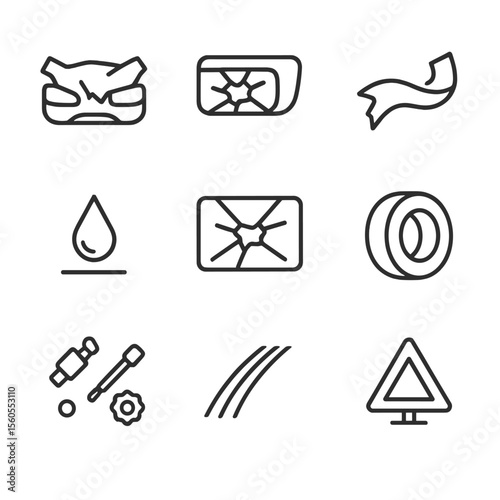 Traffic Accident Icons. Outline icon set of Traffic Accident Debris: crumpled hood, shattered headlight, twisted bumper piece,