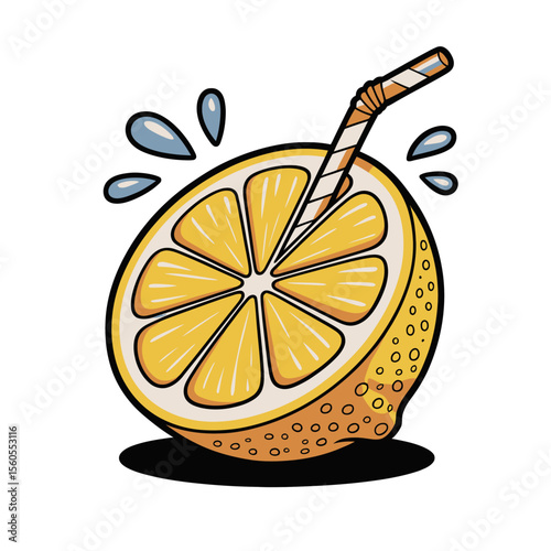 A vibrant lemon half is depicted with a straw inserted, surrounded by droplets, suggesting refreshing lemonade