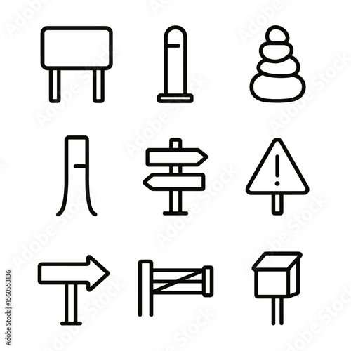 Trail Signage Icons. Outline icon set of trail signage and markers: trailhead sign, milepost, cairn pile, blazed tree, trail