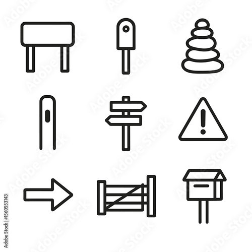 Trail Signage Icons. Outline icon set of trail signage and markers: trailhead sign, milepost, cairn pile, blazed tree, trail