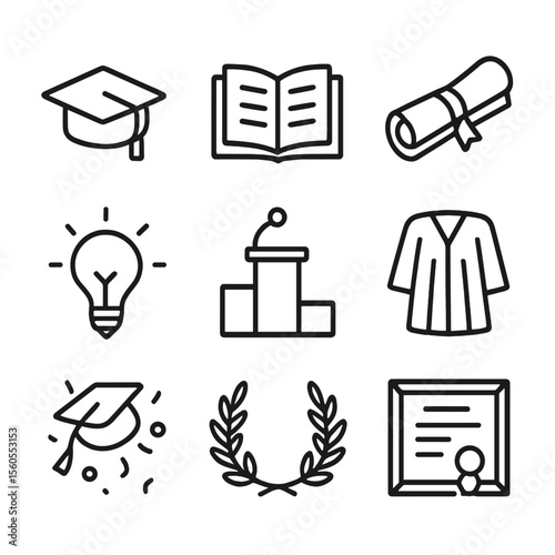 Training Icons Set. Outline icon set of training and professional development recognition: graduation cap, open book, certificate