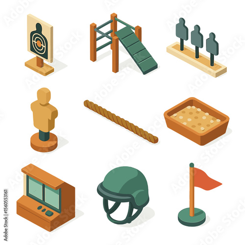 Training Facility Icons. Isometric Flat icon set of training facilities: shooting range target, obstacle course, firing lane,