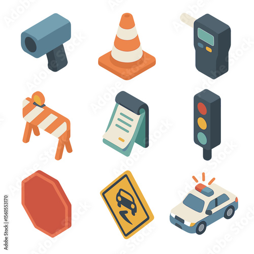 Traffic Enforcement Icons. Isometric Flat icon set of traffic enforcement: speed radar gun, traffic cone, roadblock barrier,