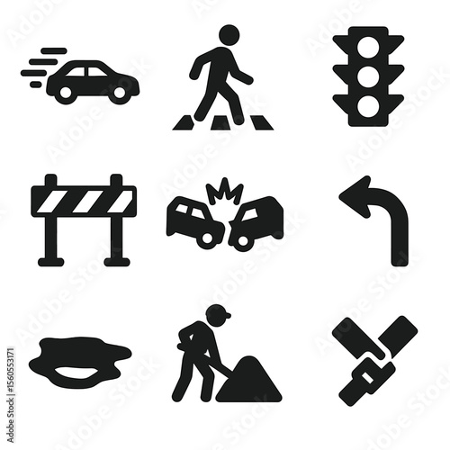 Traffic Danger Icons. Solid, filled icon set of traffic dangers: speeding car, pedestrian crossing, traffic light, roadblock,