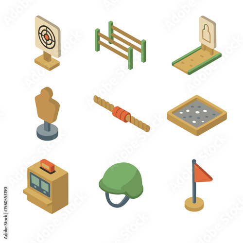 Training Facility Icons. Isometric Flat icon set of training facilities: shooting range target, obstacle course, firing lane,