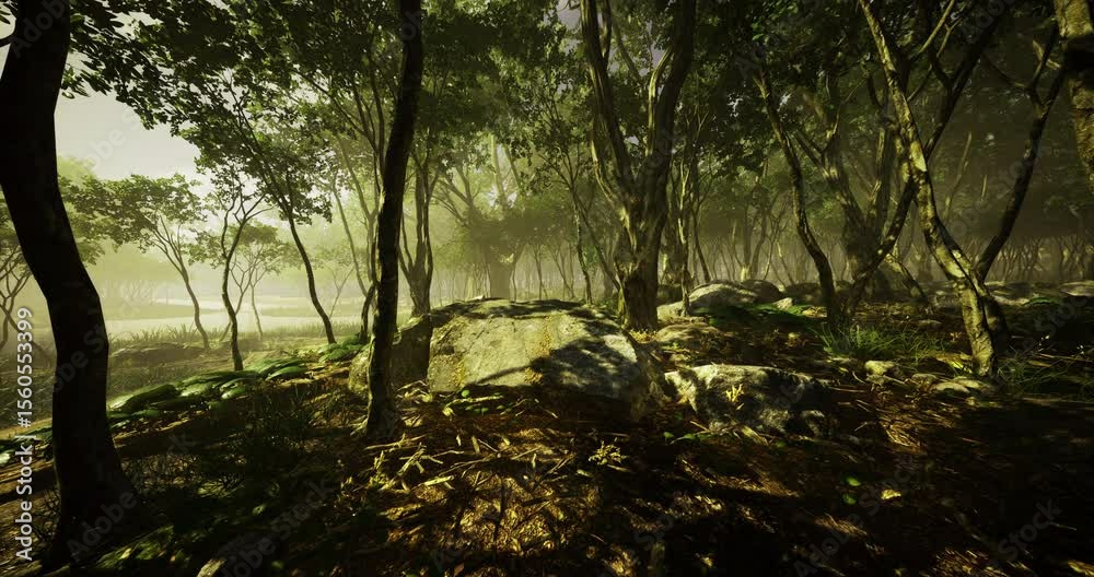 Sunlight streams through a lush forest, casting soft illumination on rocks and the forest floor. Dense greenery surrounds a tranquil area near a river, creating a peaceful atmosphere.
