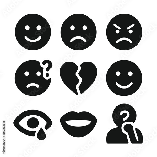 Emotion Icon Set. Solid, filled icon set of emotions and feelings: happy face, sad face, angry face, confused face, heartbroken,