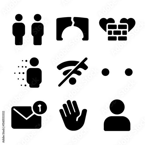 Emotional Distance Icons. Solid, filled icon set of emotional distance: people apart, broken bridge, wall between hearts, fading