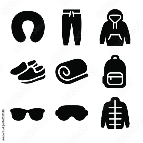 Travel Comfort Icons. Solid, filled icon set of travel comfort fashion: neck pillow, stretchy joggers, soft hoodie, slip-on shoes,