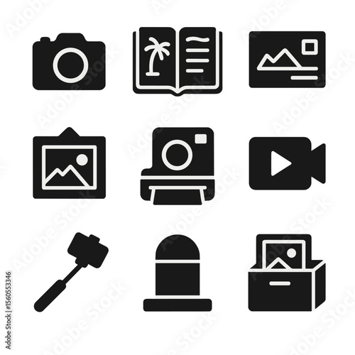 Travel Memories Icons. Solid, filled icon set of travel memories: snapshot icon, travel journal, postcard, photo frame, polaroid