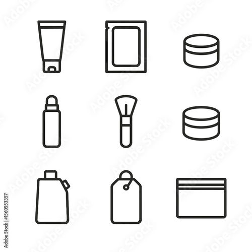 Travel Packaging Icons. Outline icon set of Travel Sample Packaging: mini tube, sample sachet, small jar, roller bottle, mini