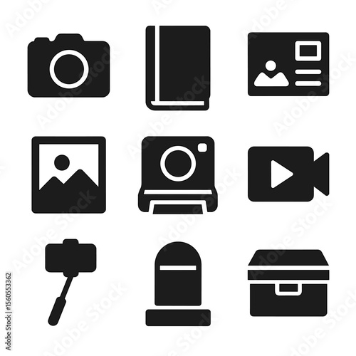 Travel Memories Icons. Solid, filled icon set of travel memories: snapshot icon, travel journal, postcard, photo frame, polaroid