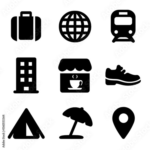 Travel Productivity Icons. Solid, filled icon set of travel and productivity: suitcase, globe, train, hotel, coffee shop, walking