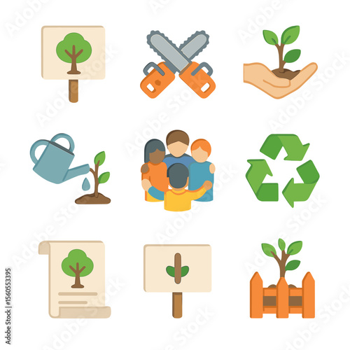 Tree Activism Icons. Isometric Flat icon set of conservation and tree activism: protest tree sign, chainsaw crossbar, sapling