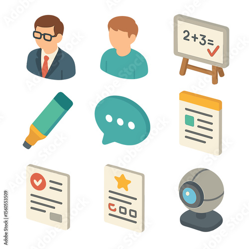 Tutoring Session Icons. Isometric Flat icon set of tutoring session icons: tutor, student, whiteboard, marker, speech bubble,