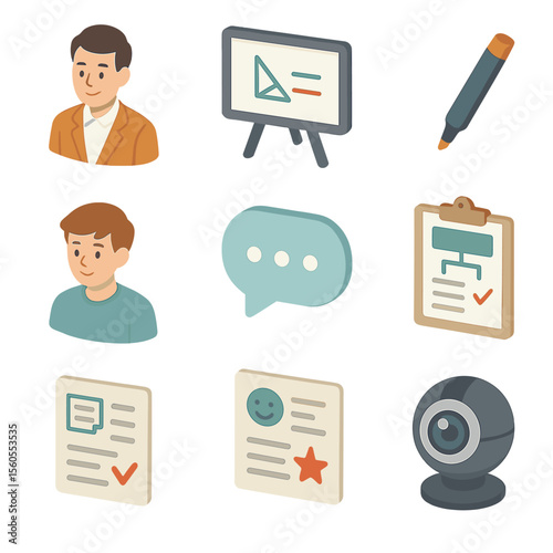 Tutoring Session Icons. Isometric Flat icon set of tutoring session icons: tutor, student, whiteboard, marker, speech bubble,