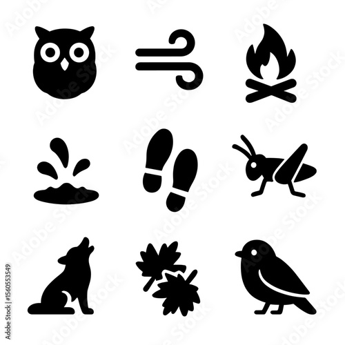 Twilight Sound Icons. Solid, filled icon set of twilight sounds: owl hoot, night breeze, crackling fire, water splash, footsteps,