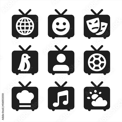 TV Genre Icons. Solid, filled icon set of television genres: news, comedy, drama, documentary, reality show, sports, cooking,