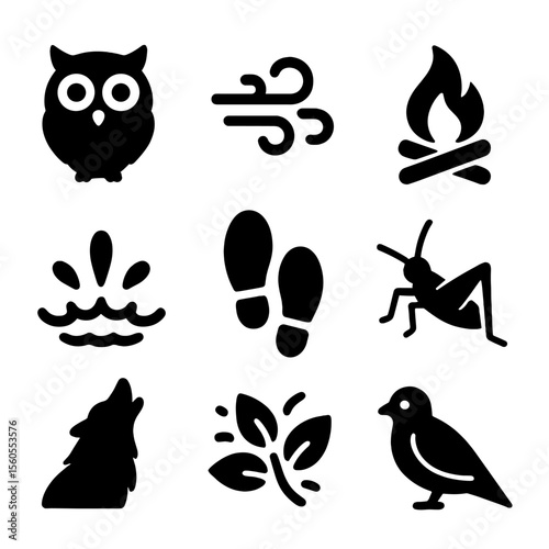 Twilight Sound Icons. Solid, filled icon set of twilight sounds: owl hoot, night breeze, crackling fire, water splash, footsteps,