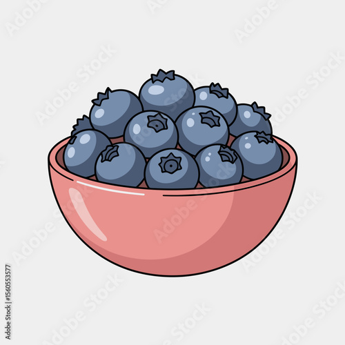 Bowl of fresh blueberries in pink bowl on light grey background  