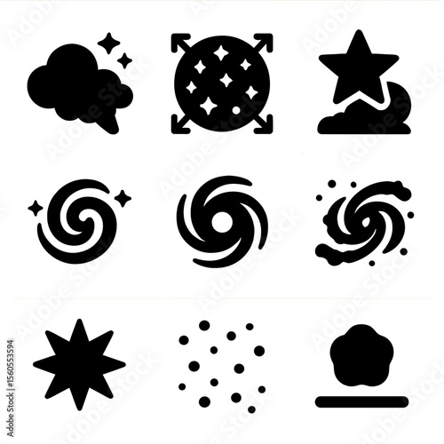 Universe Lifecycle Icons. Solid, filled icon set of universe lifecycle: birth cloud, expanding cosmos, star formation, galaxy