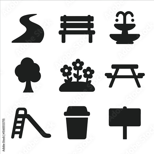 Urban Park Icon Set. Solid, filled icon set of green urban park features: walking path, bench, water fountain, tree, flower bed,