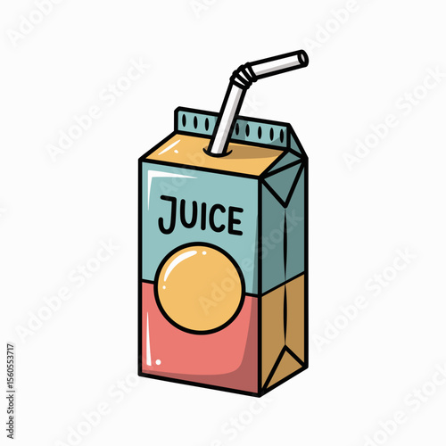 Cartoon juice box with a straw and orange graphic design  