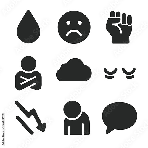 Emotional Distress Icons. Solid, filled icon set of emotional distress: teardrop, sad face, clenched fist, crossed arms, heavy