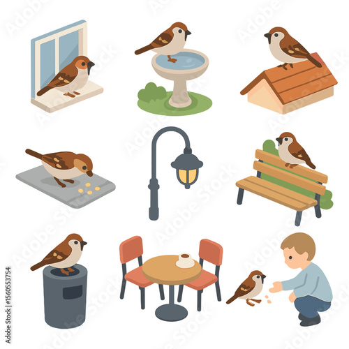 Urban Sparrow Interactions Icons. Isometric Flat icon set of urban sparrow interactions: sparrow on windowsill, birdbath in